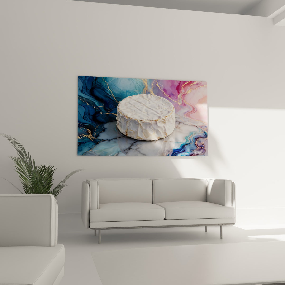 Fromage crème veiné d'or sur marbre bleu profond et rose poudré, au-dessus d'un canapé dans un salon lumineux