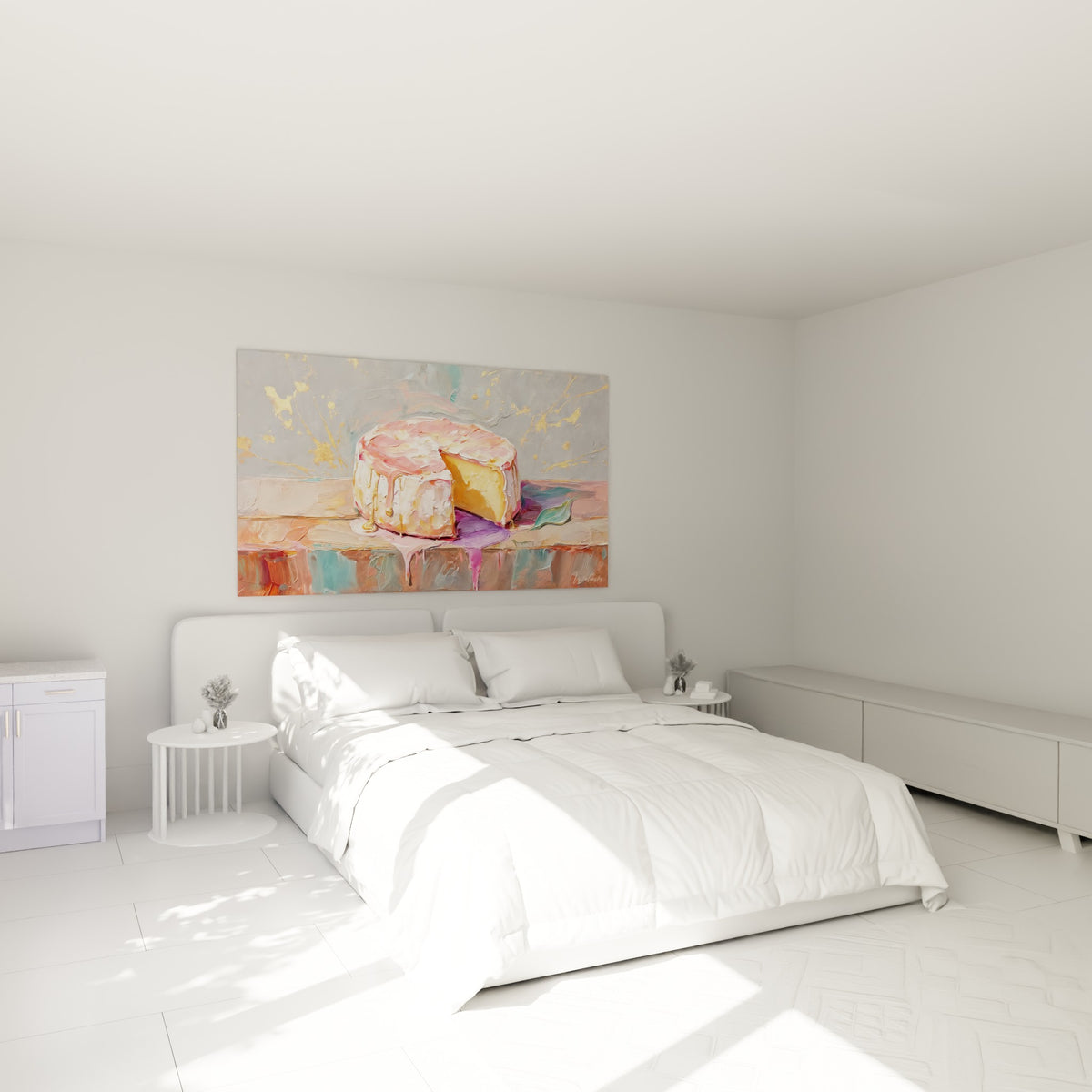 Fromage rose et doré entamé, cœur crémeux jaune, accroché au-dessus d'un lit dans une chambre claire