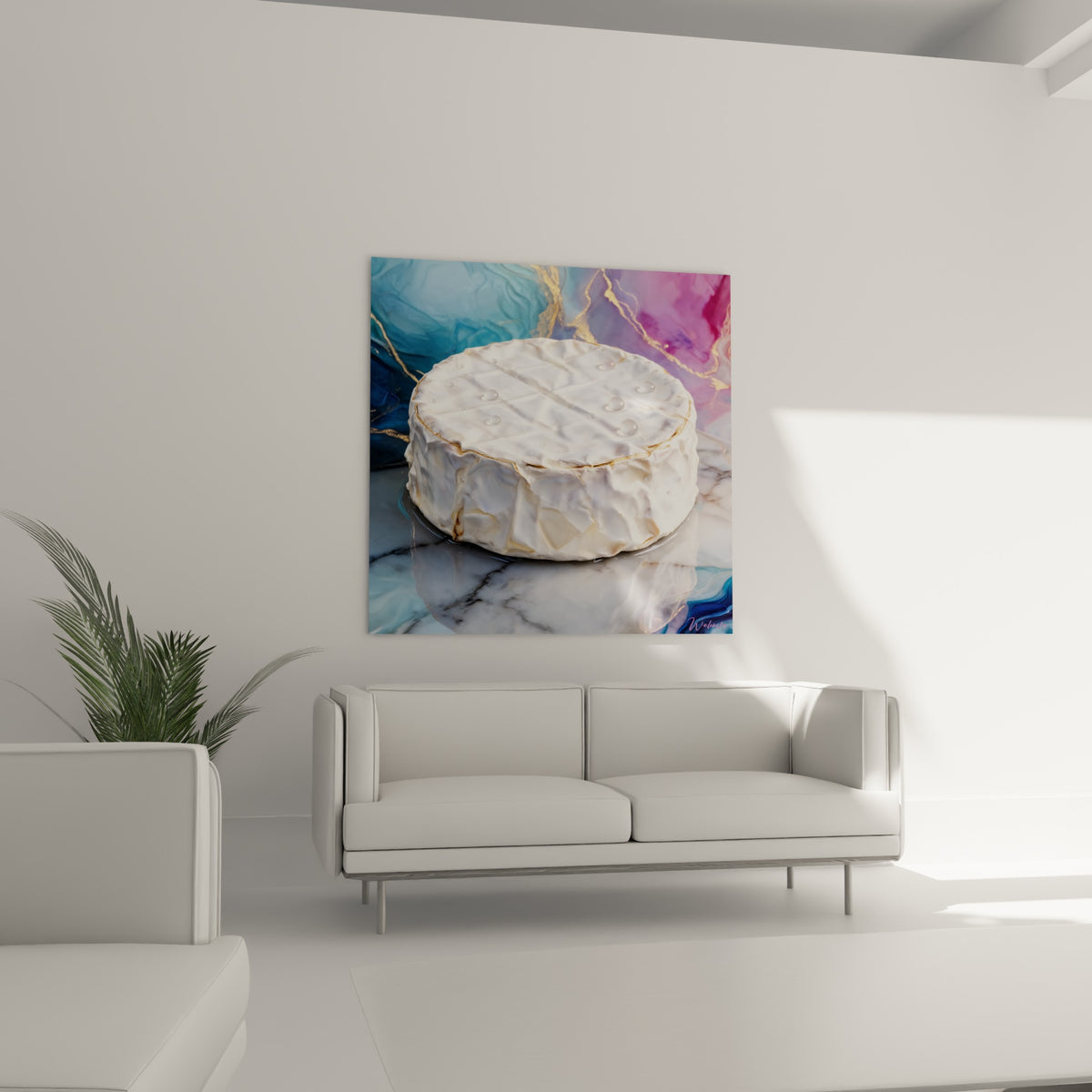 Meule de camembert nacrée sur marbre bleu et fuchsia, au-dessus d'un canapé dans un salon lumineux