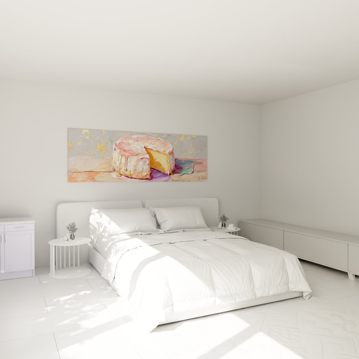 Fromage rose pâle et ocre crémeux peint en relief, accroché au-dessus d'un lit dans une chambre claire