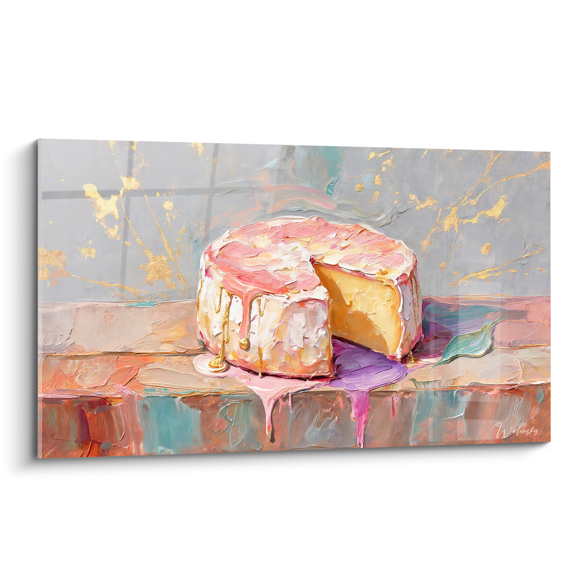 Camembert entamé aux coulures roses et dorées, croûte crémeuse et cœur jaune doré, fond gris