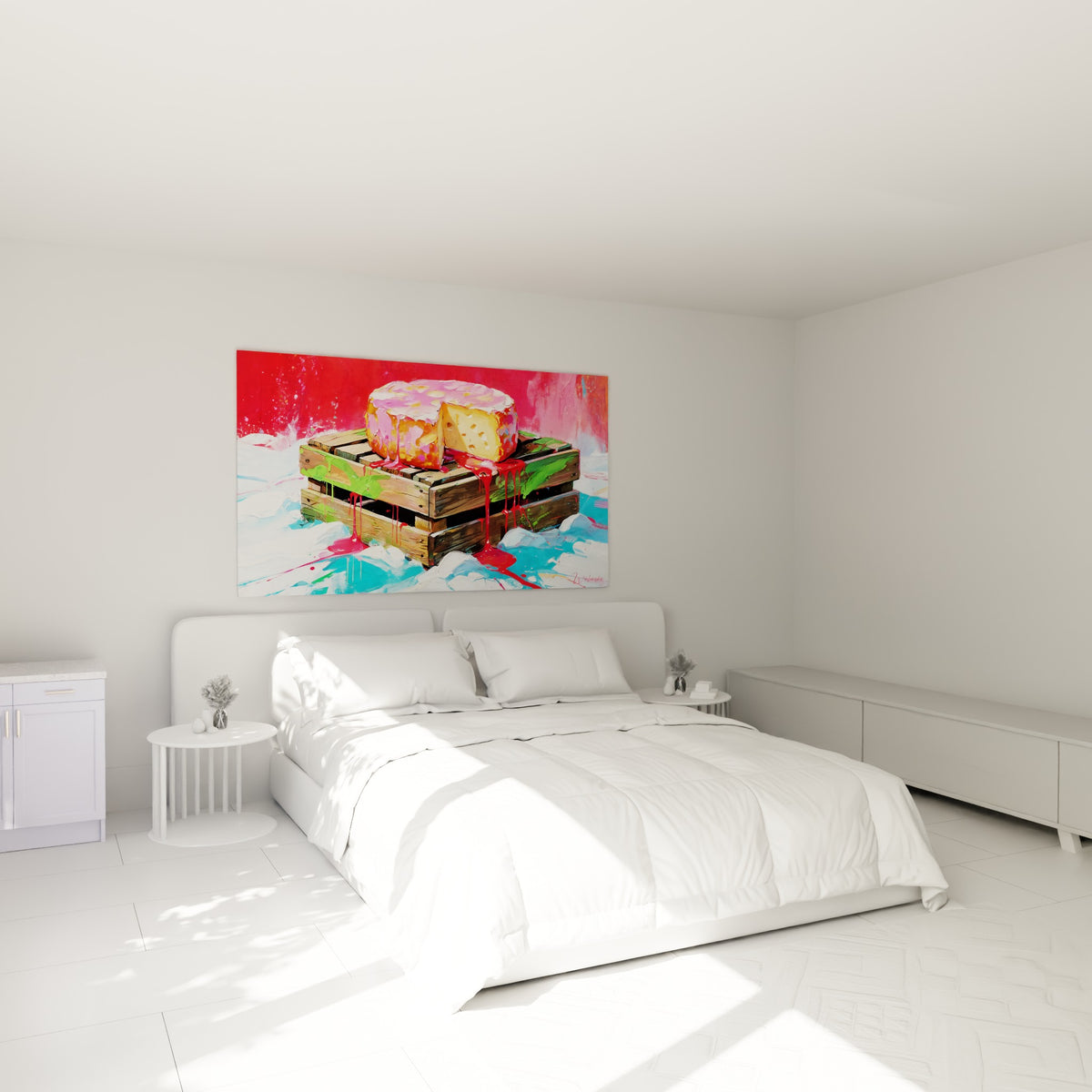 Fromage corail et doré aux coulures vives, accroché au-dessus d'un lit dans une chambre claire
