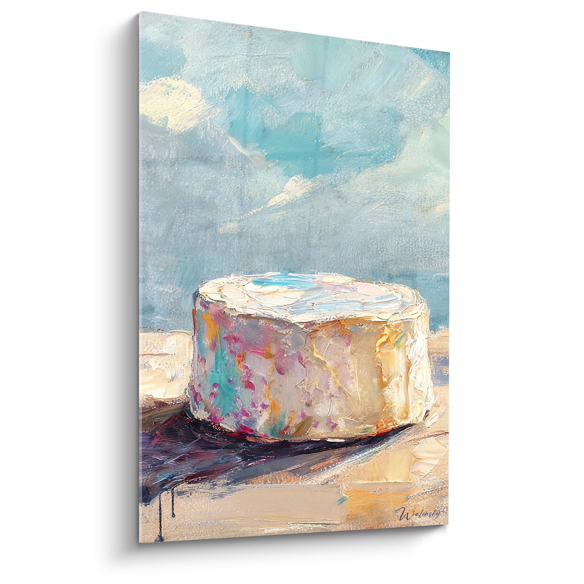 Fromage crémeux rond aux touches roses et turquoise sous un ciel bleu pastel peint