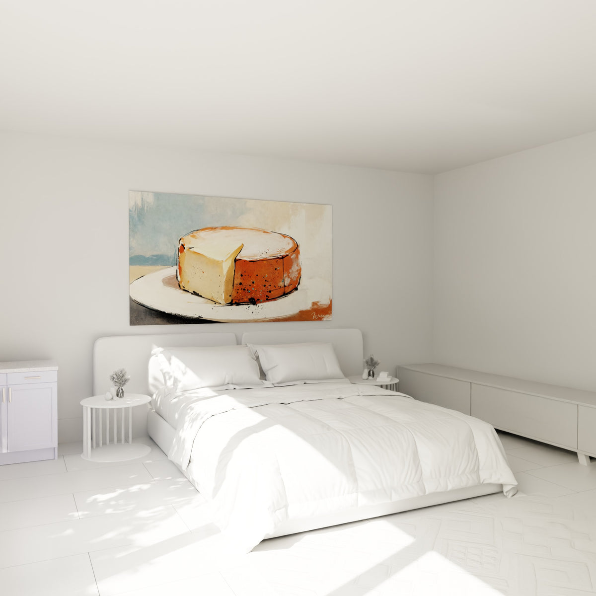 Fromage à la croûte terracotta et pâte crème, accroché au-dessus d'un lit dans une chambre claire