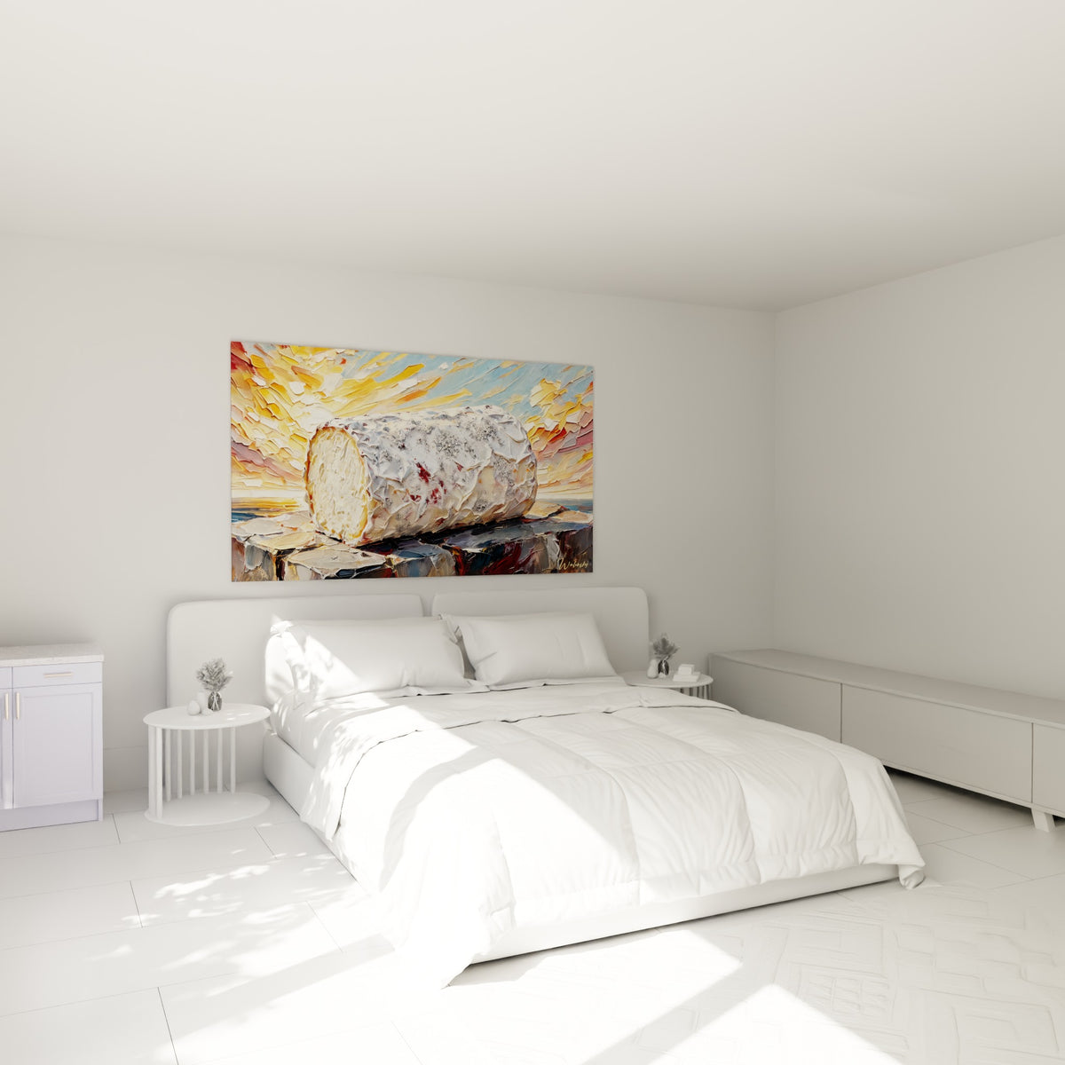 Fromage à croûte blanche et reflets rouges peint en touches épaisses, au-dessus d'un lit dans une chambre claire