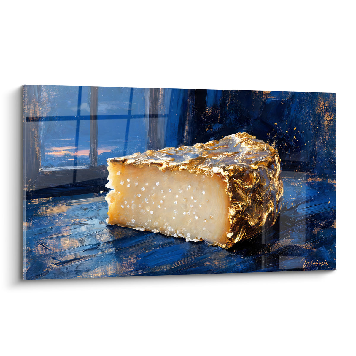 Fromage doré à croûte scintillante sur table bleu marine, style peinture texturée et lumineuse