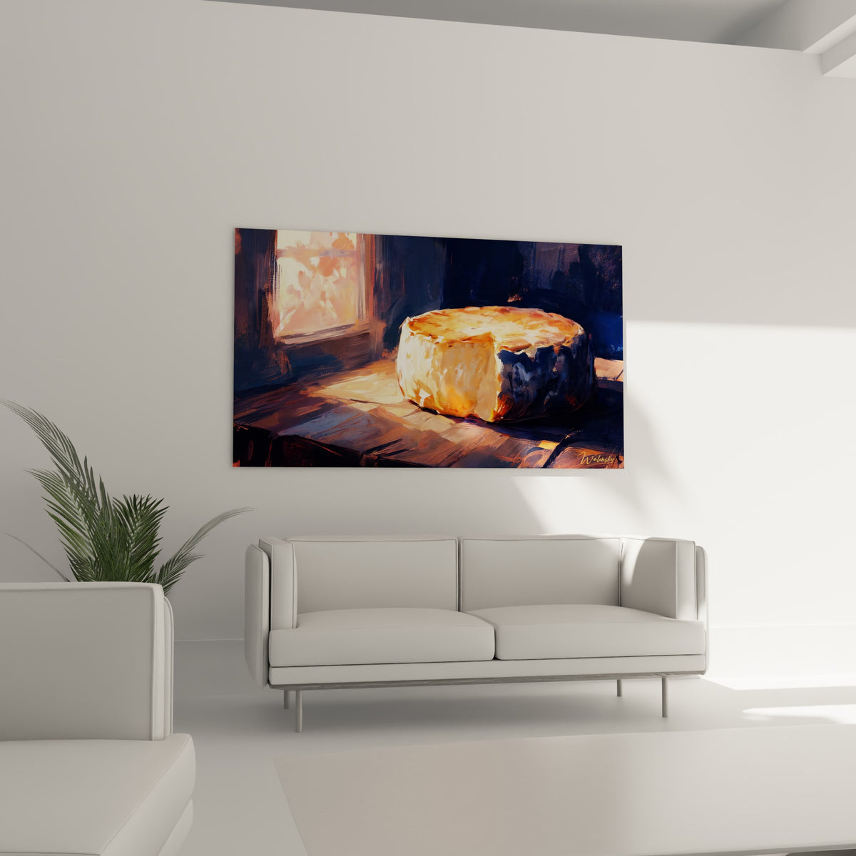 Meule de fromage aux teintes dorées et anthracite, accrochée au-dessus d'un canapé dans un salon lumineux