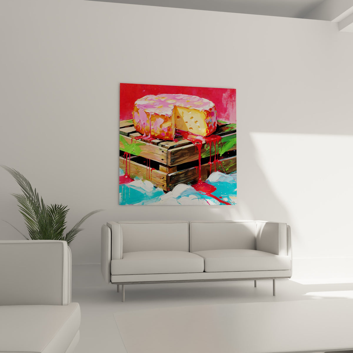 Meule dorée et rose coupée, coulures rouges intenses sur bois, accrochée au-dessus d'un canapé dans un salon lumineux