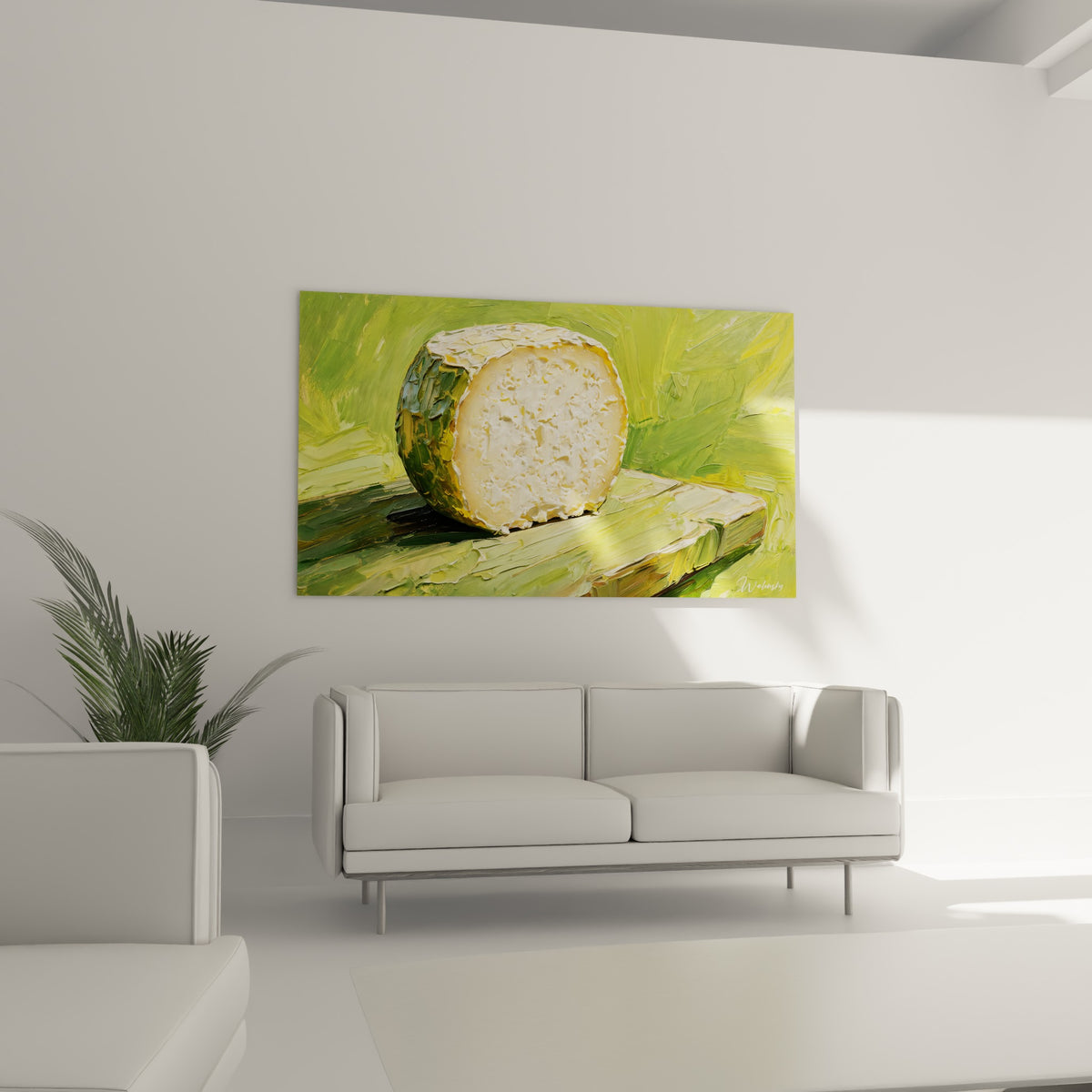 Fromage doré et vert olive tranché sur bois rustique, suspendu au-dessus d'un canapé dans un salon lumineux