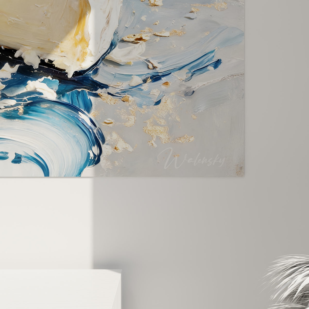 Empâtements épais de croûte blanche et éclats dorés visibles en gros plan sur la toile
