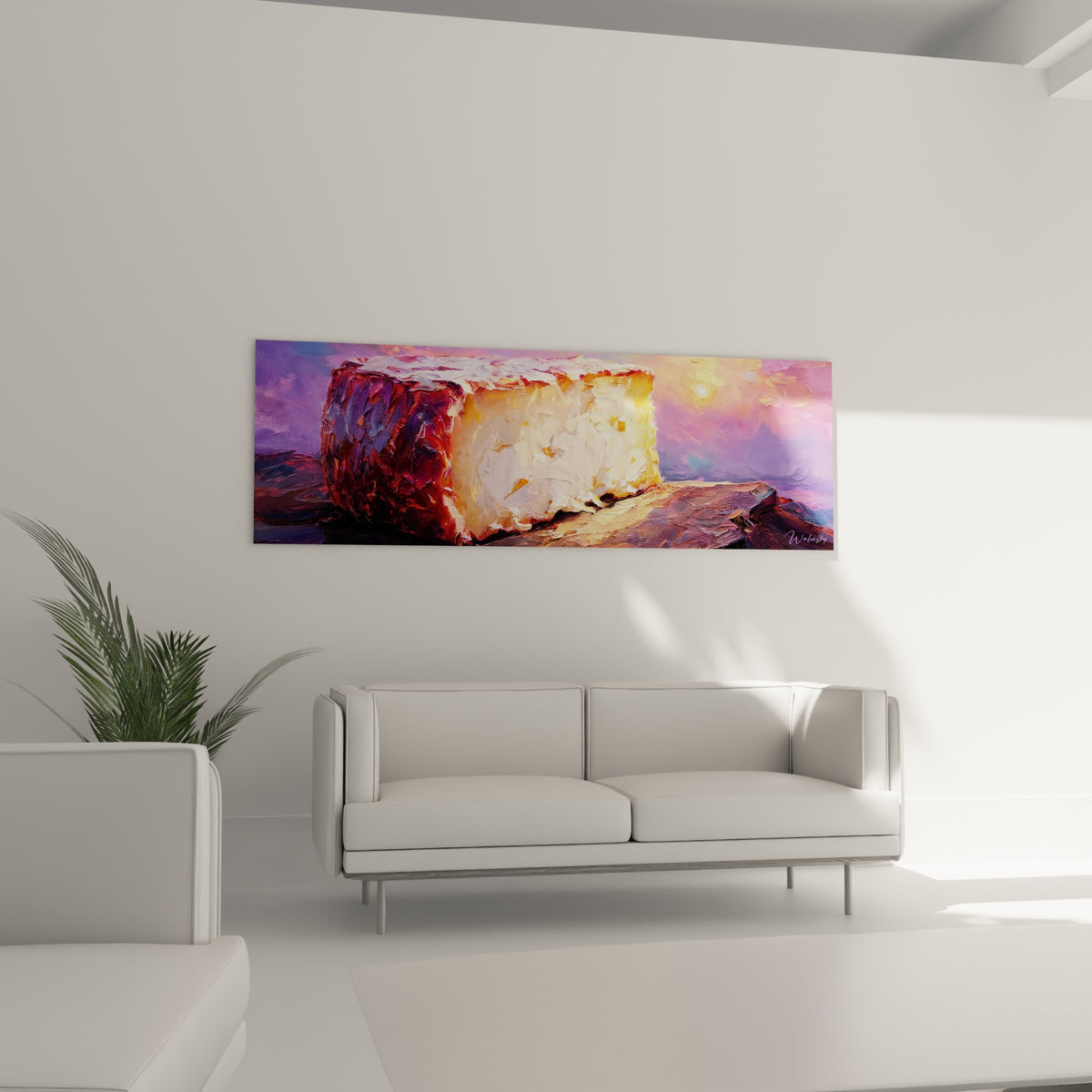 Fromage entamé aux tons rouges et ivoire au-dessus d'un canapé dans un salon lumineux