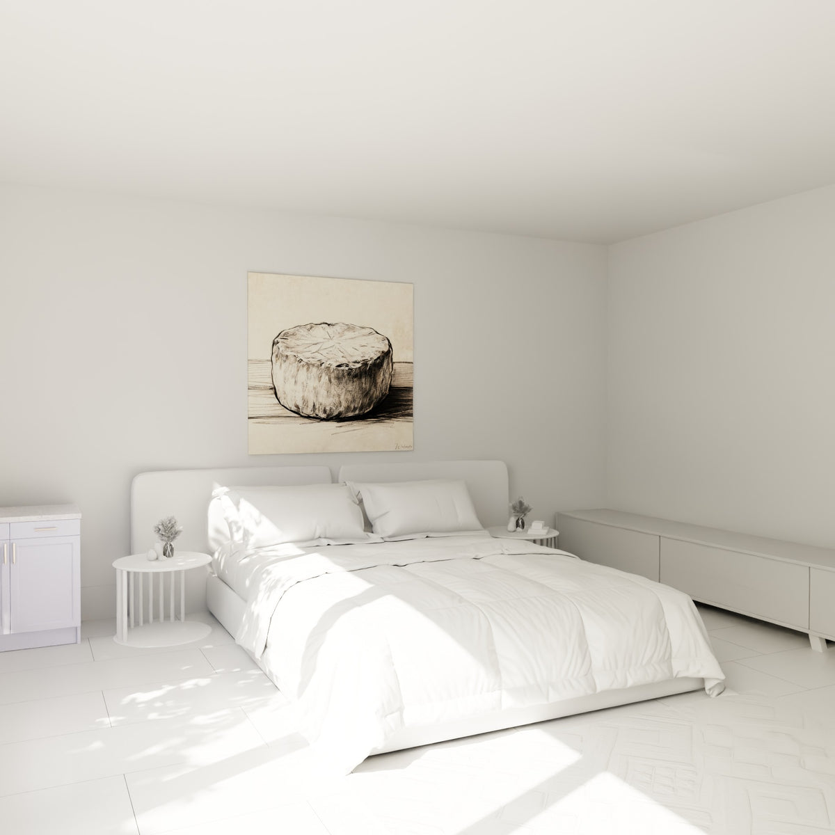 Meule de fromage esquissée en beige et noir, accrochée au-dessus d'un lit dans une chambre claire