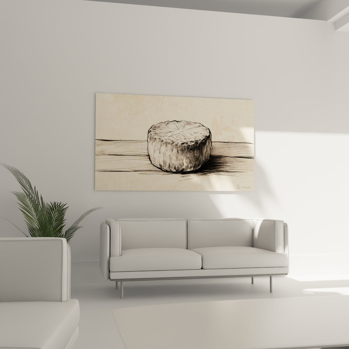 Meule de fromage esquissée en beige doré et gris anthracite, placée au-dessus d'un canapé dans un salon lumineux
