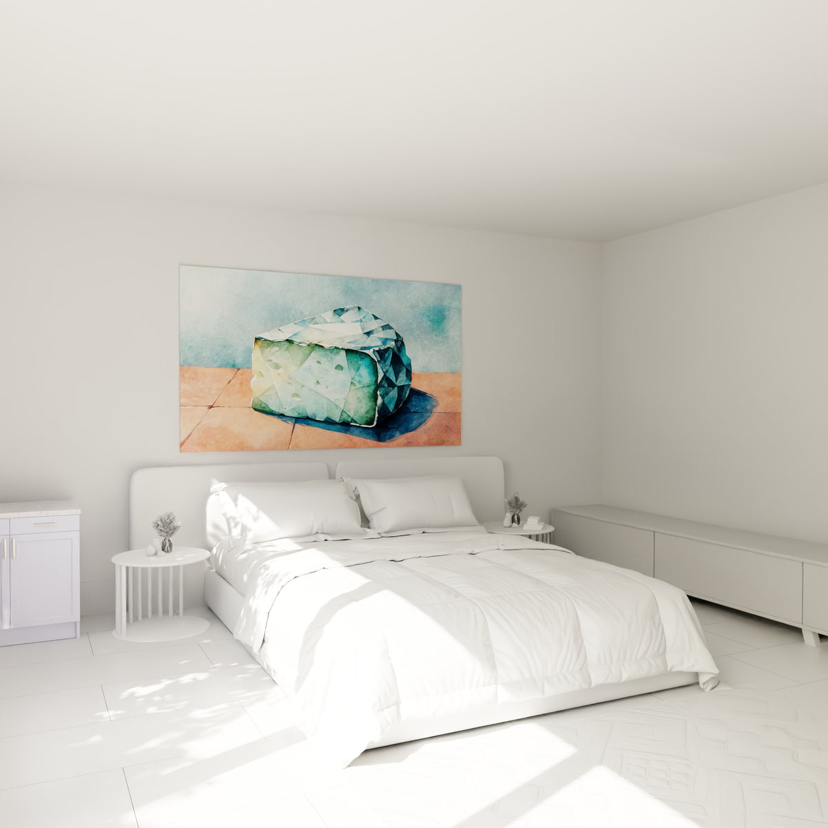 Bloc de fromage bleu et ocre géométrique au-dessus d'un lit dans une chambre claire