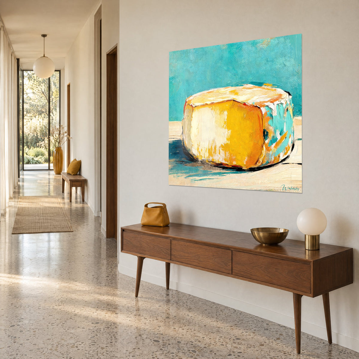 Meule de fromage orangée et turquoise au-dessus d'un canapé dans un salon lumineux