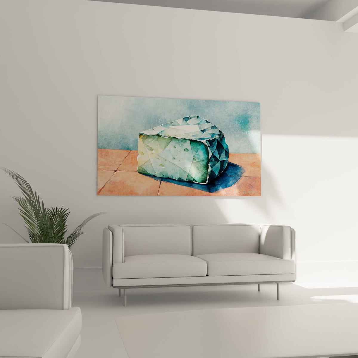 Fromage bleu glacier posé sur terre cuite orangée au-dessus d'un canapé dans un salon lumineux