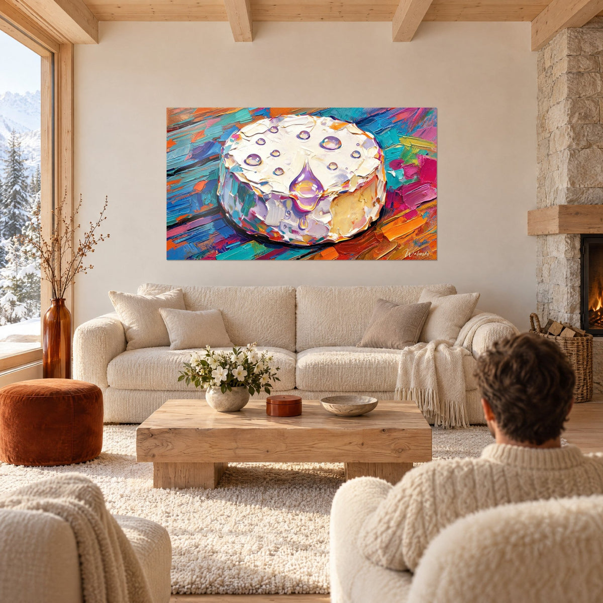 Wall art round creamy cheese wheel in thick paste, translucent lilac drop, turquoise and orange background, above a sofa in a bright living room