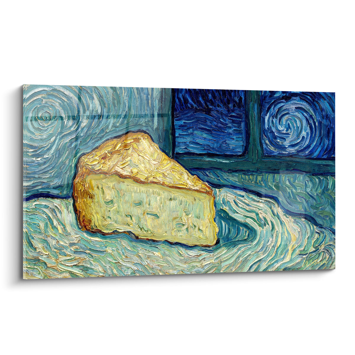Fromage jaune doré posé sur un tissu tourbillonnant bleu marine et turquoise, empâtements épais visibles.