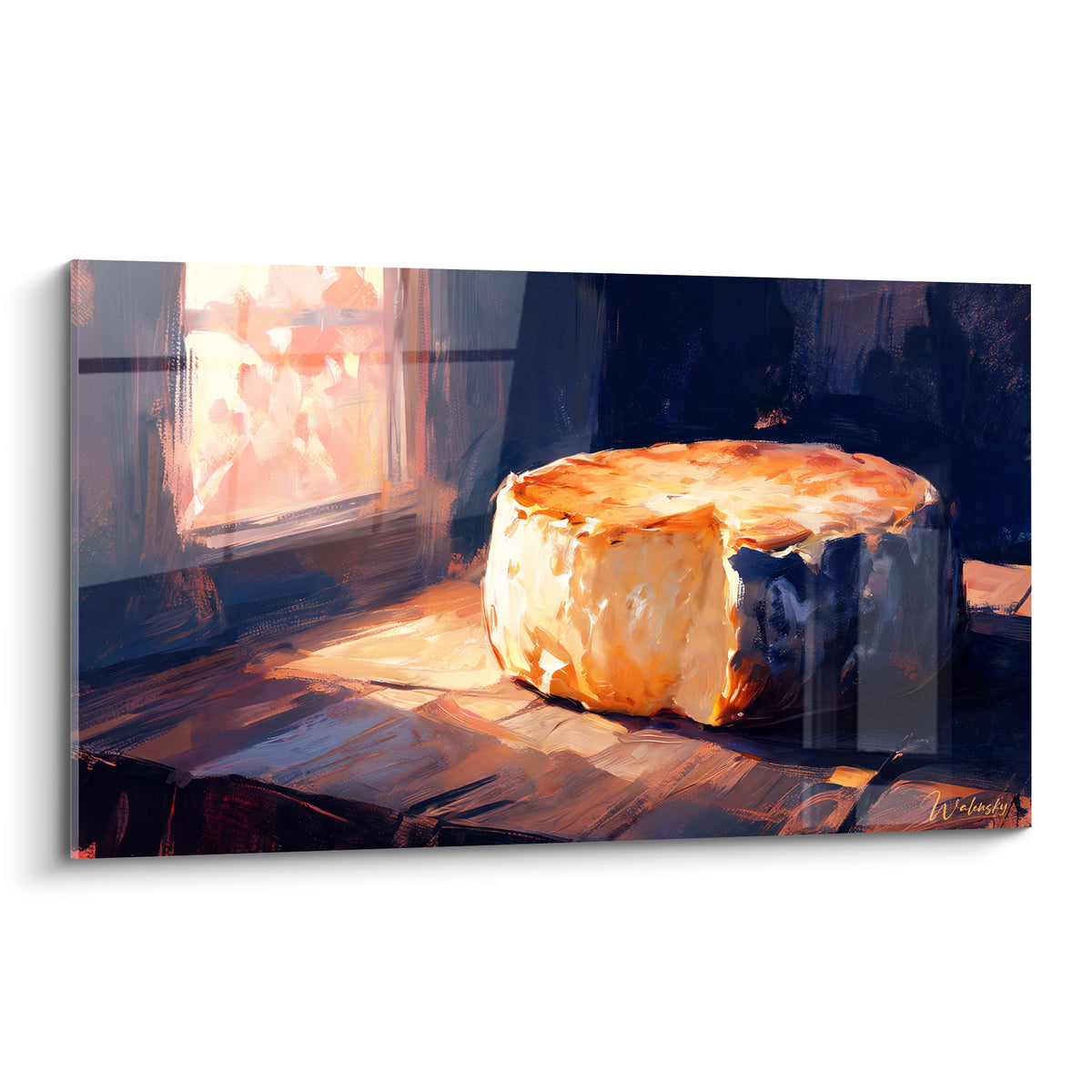Meule de fromage doré posée sur une table sombre, lumière ocre et fond bleu nuit rustique
