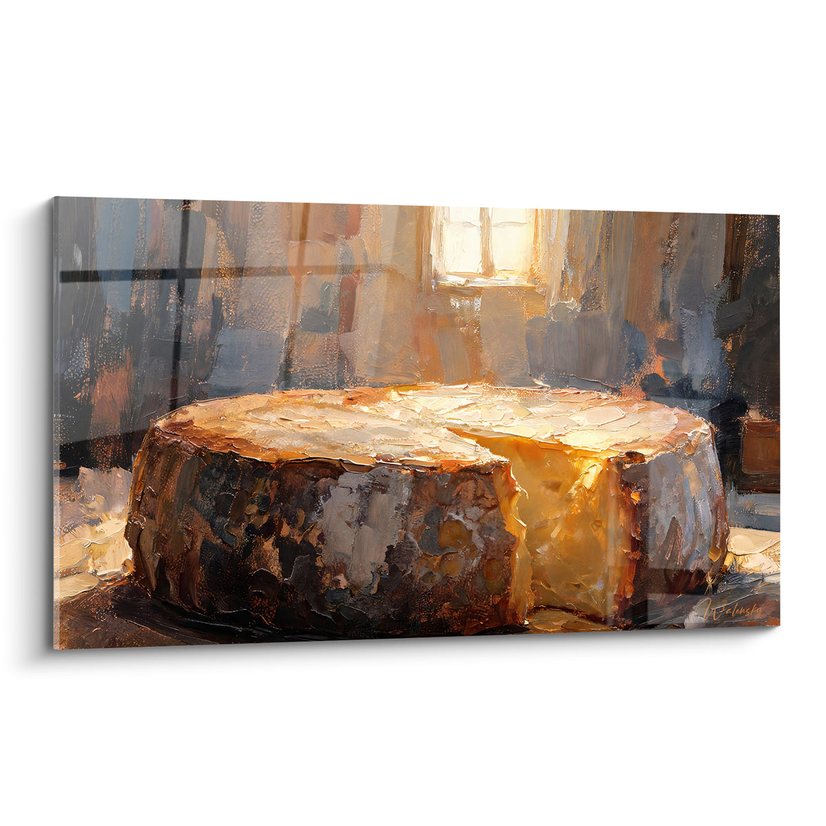 Meule de fromage dorée à croûte brune, lumière ambrée traversant une fenêtre en arrière-plan