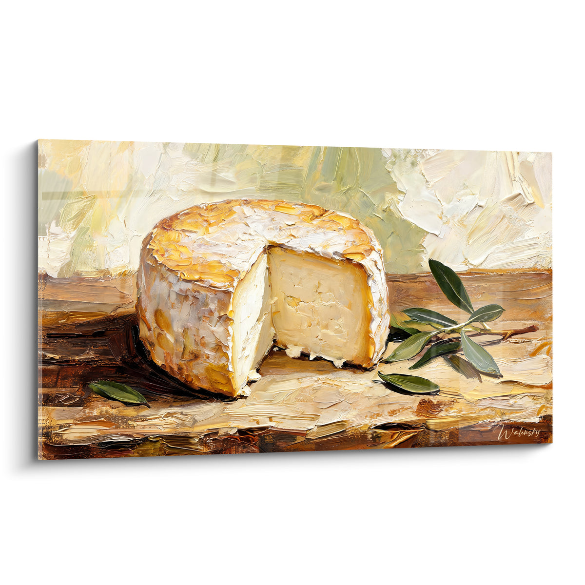 Meule de fromage entamée à la croûte dorée, pâte crémeuse ivoire, empâtements et feuilles d'olivier vertes