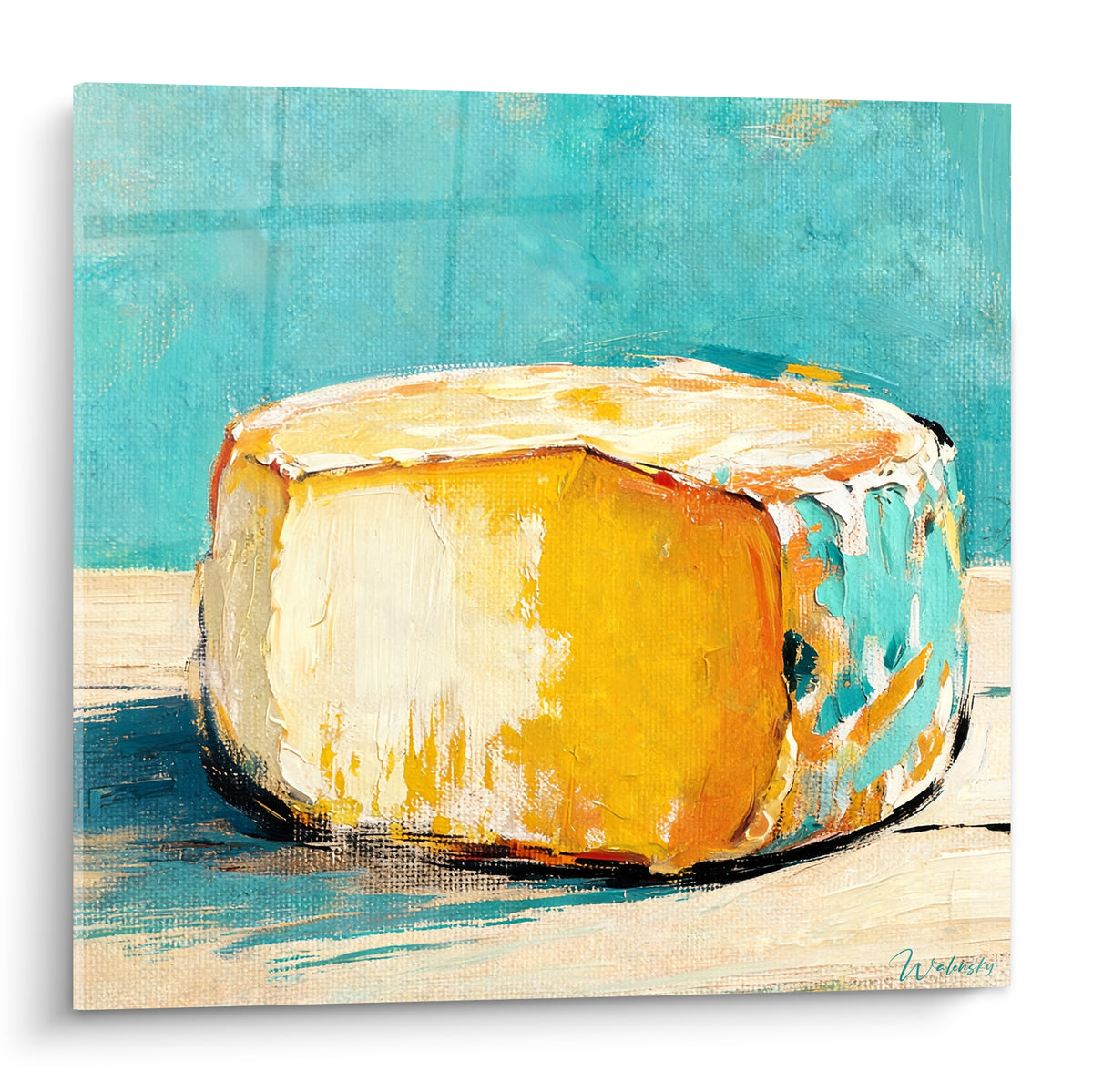 Meule de fromage jaune safran et croûte crémeuse peinte sur fond turquoise texturé