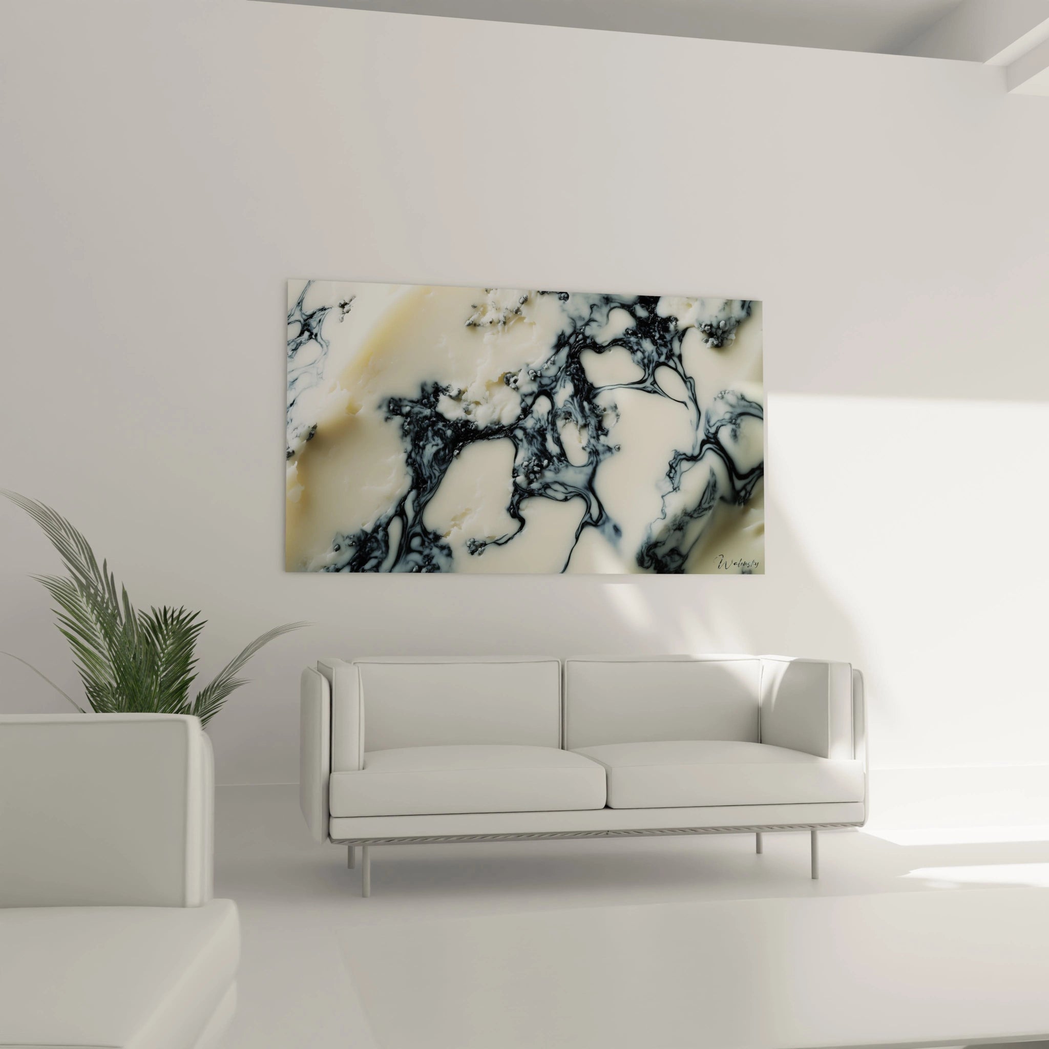 Un tableau fromage texturé aux tons blancs et noirs, présentant des marbrures sinueuses et des zones denses en relief, avec un effet visuel rappelant des craquelures naturelles sur une matiÚre fondante.