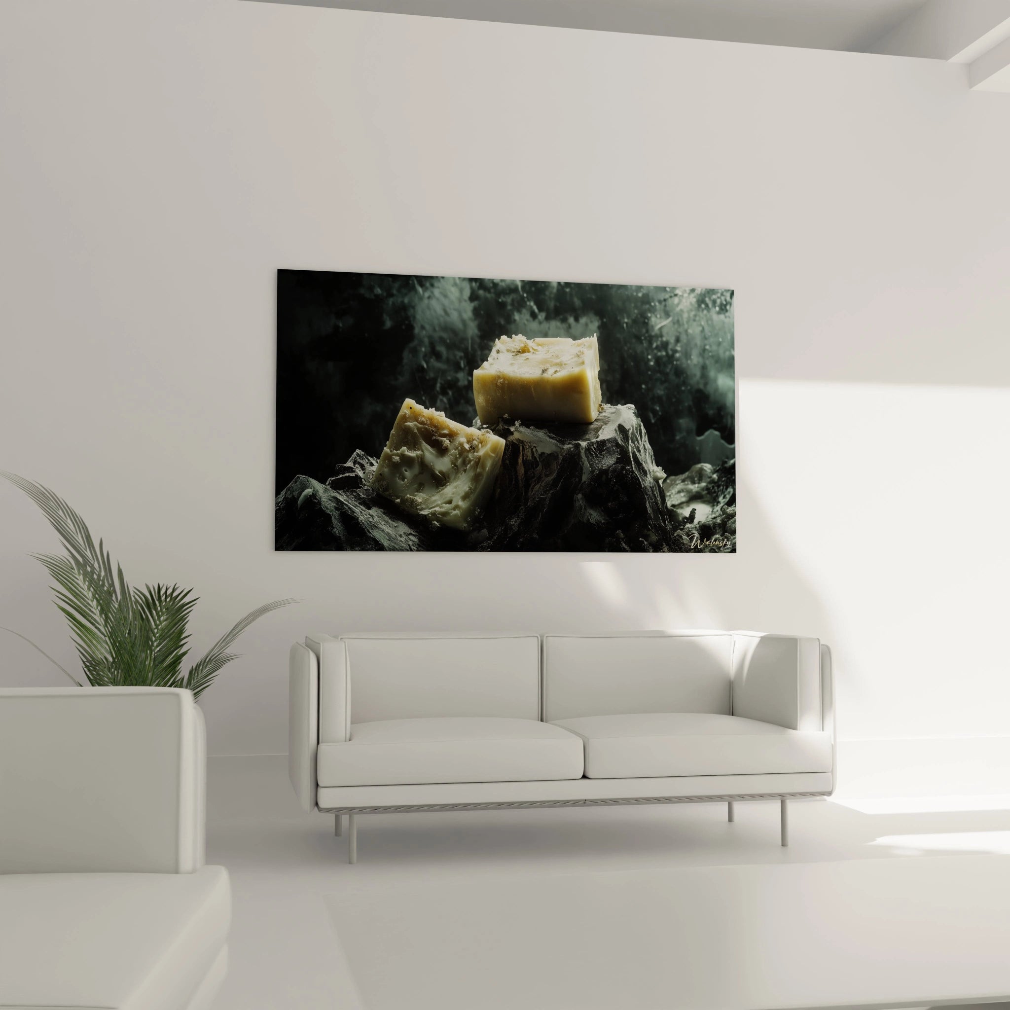 Un tableau fromage illustrant deux morceaux de fromage sur une roche, avec un éclairage accentuant les contrastes, des teintes dominantes beige, noir et gris, et une texture granuleuse et crémeuse.