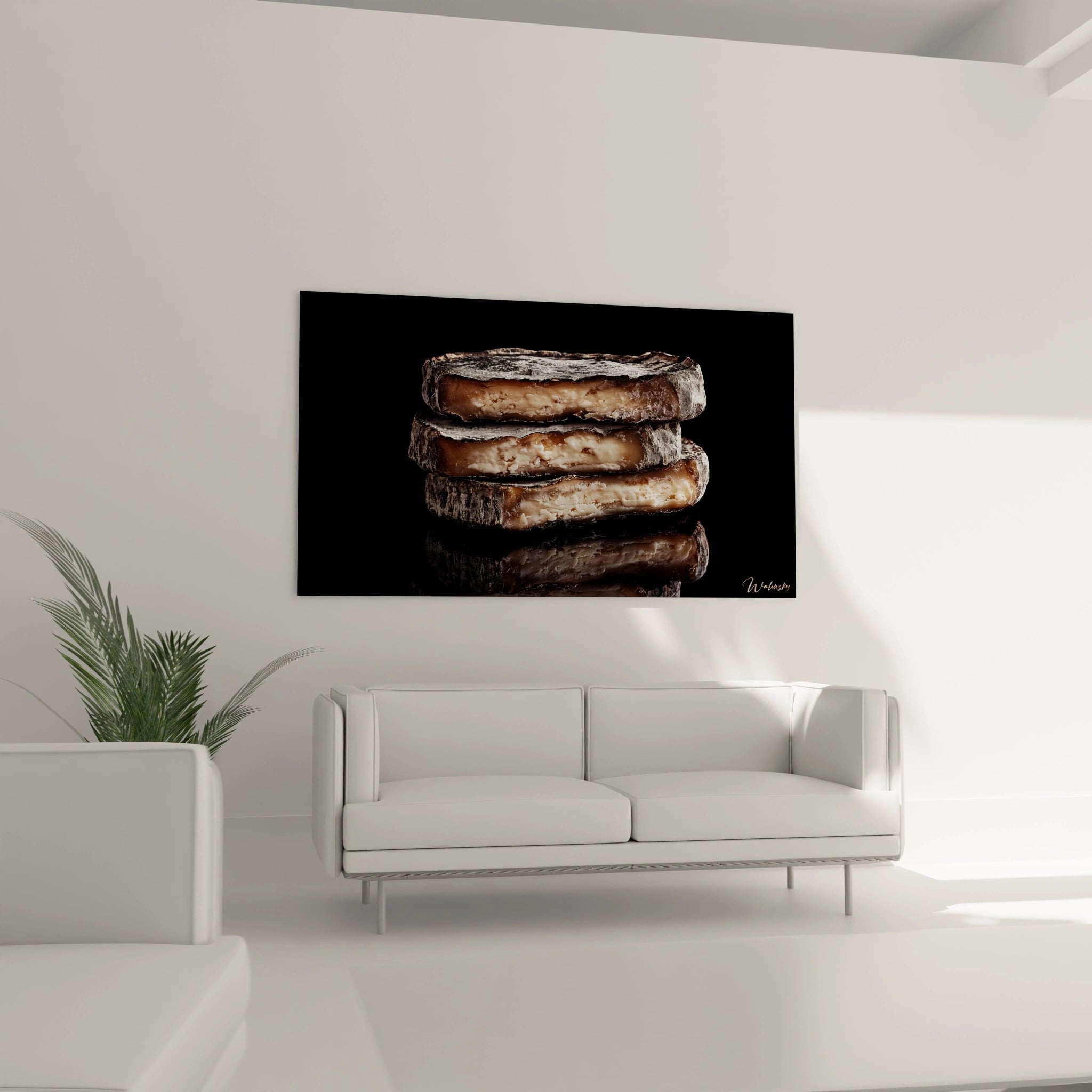 Un tableau fromage capturant une coupe affinĂ©e, avec une surface extĂ©rieure sombre et craquelĂ©e et une pĂąte beige lĂ©gĂšrement translucide. Les effets dâombre et de lumiĂšre mettent en avant les contrastes de matiĂšre.