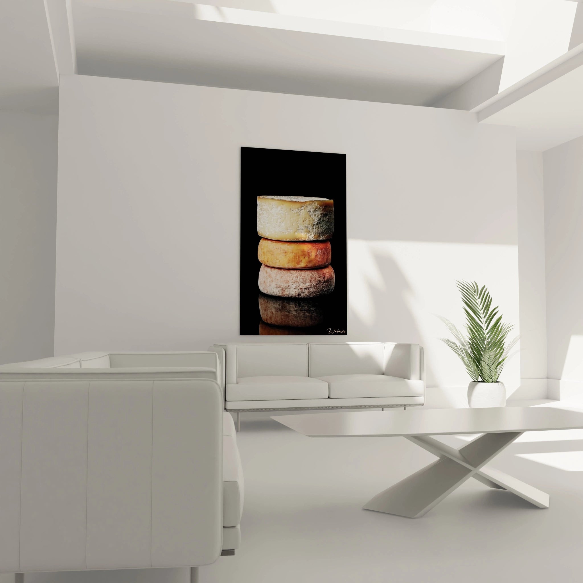 Un tableau fromage illustrant des meules de diffĂ©rentes textures, avec des nuances de beige et marron, une croĂ»te marquĂ©e par lâaffinage et un contraste fort avec lâarriĂšre-plan noir.