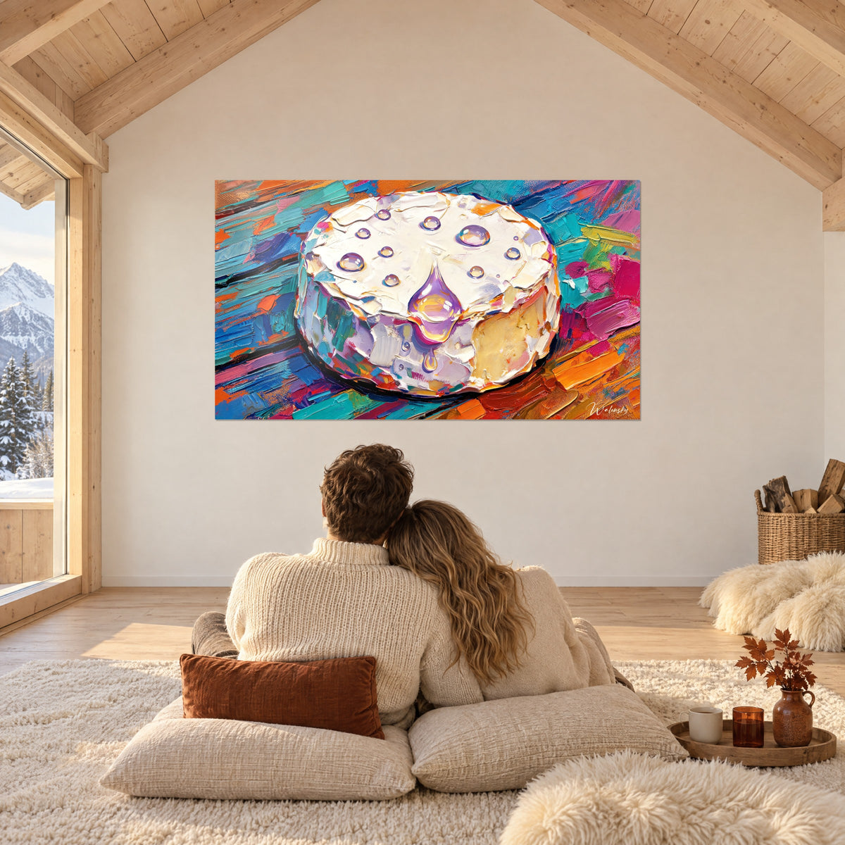 Wall art creamy flatbread with palette-knife strokes, purple pearls and golden drip, magenta and turquoise background, facing a couple by the fireside