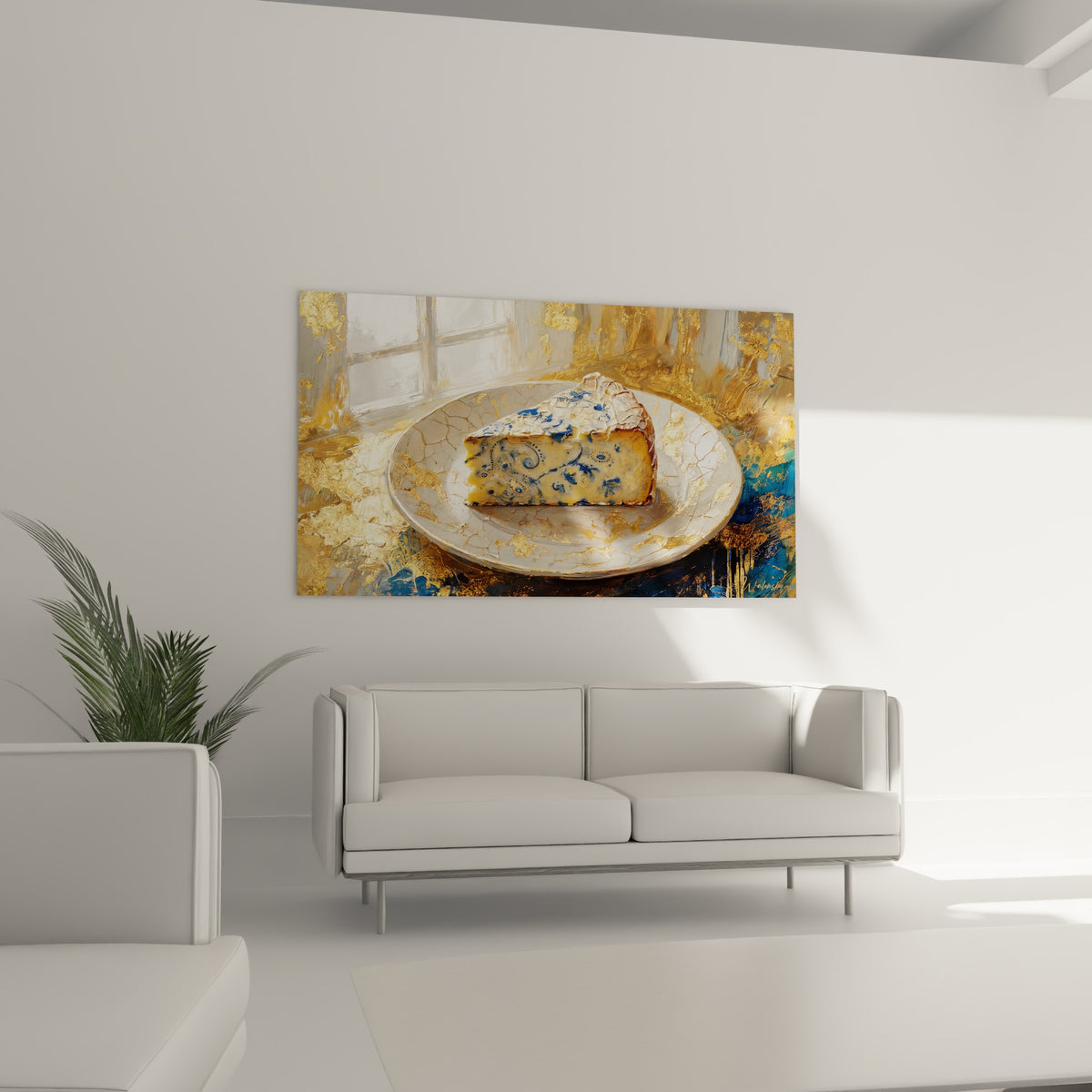 Assiette de porcelaine craquelée et fromage bleu doré placée au-dessus d'un canapé dans un salon lumineux
