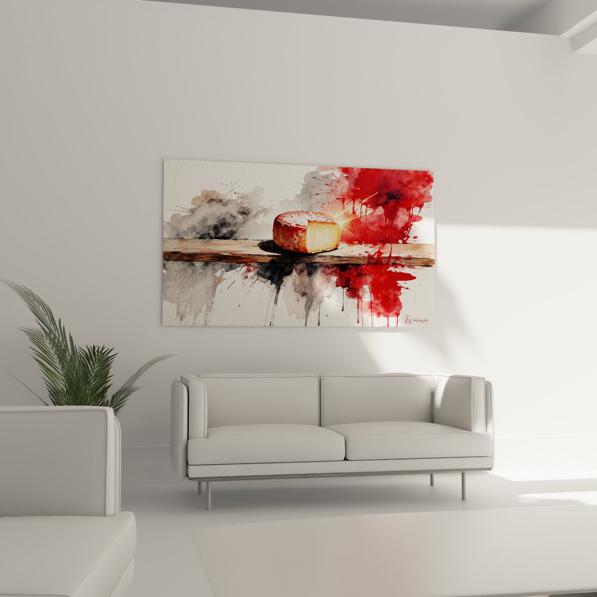 Meule crémeuse tranchée aux tons rouge et gris, rayon lumineux, au-dessus d'un canapé dans un salon lumineux