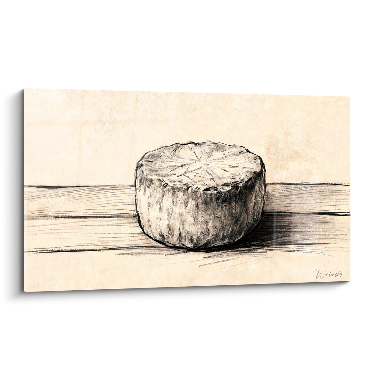 Meule de fromage ronde en beige et anthracite, croquée au fusain sur planches de bois esquissées