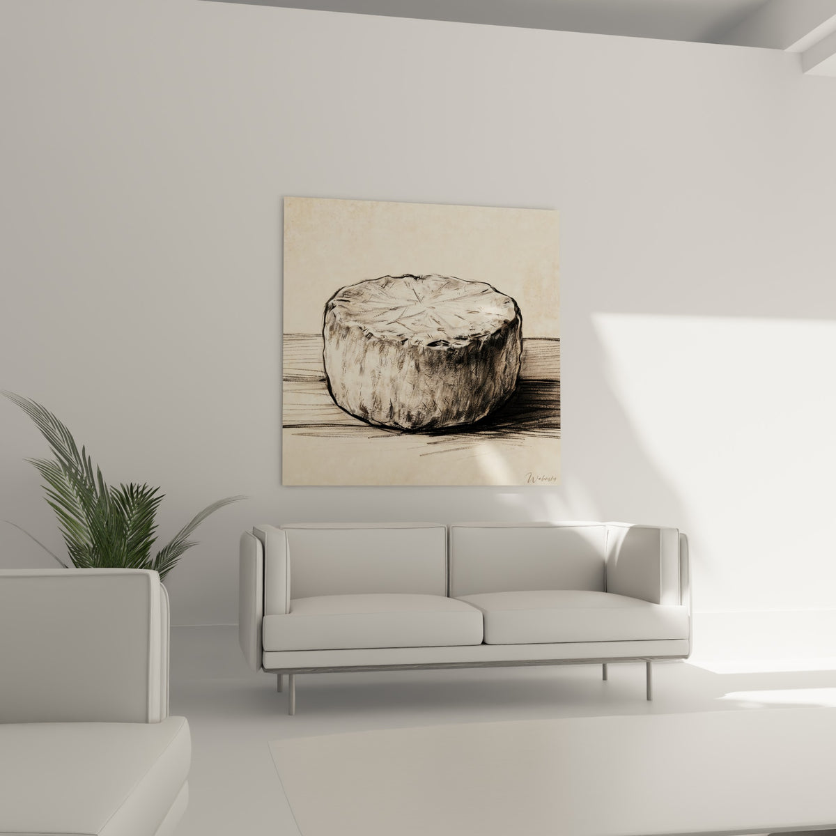 Fromage rond croqué en tons ocre et anthracite, placé au-dessus d'un canapé dans un salon lumineux