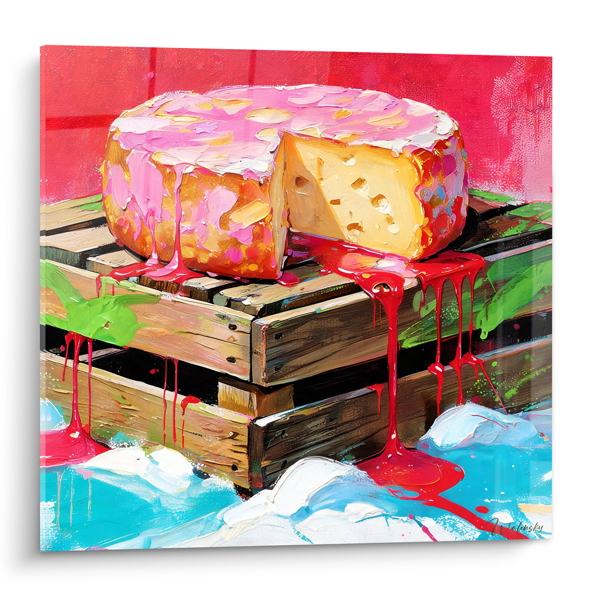 Meule de fromage rose et rouge sur caisse en bois, coulures vives et texture épaisse peinte au couteau