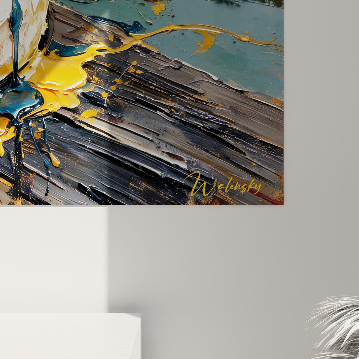 Empâtements safran et coulures noires épaisses révélant le grain de la peinture au couteau sur toile
