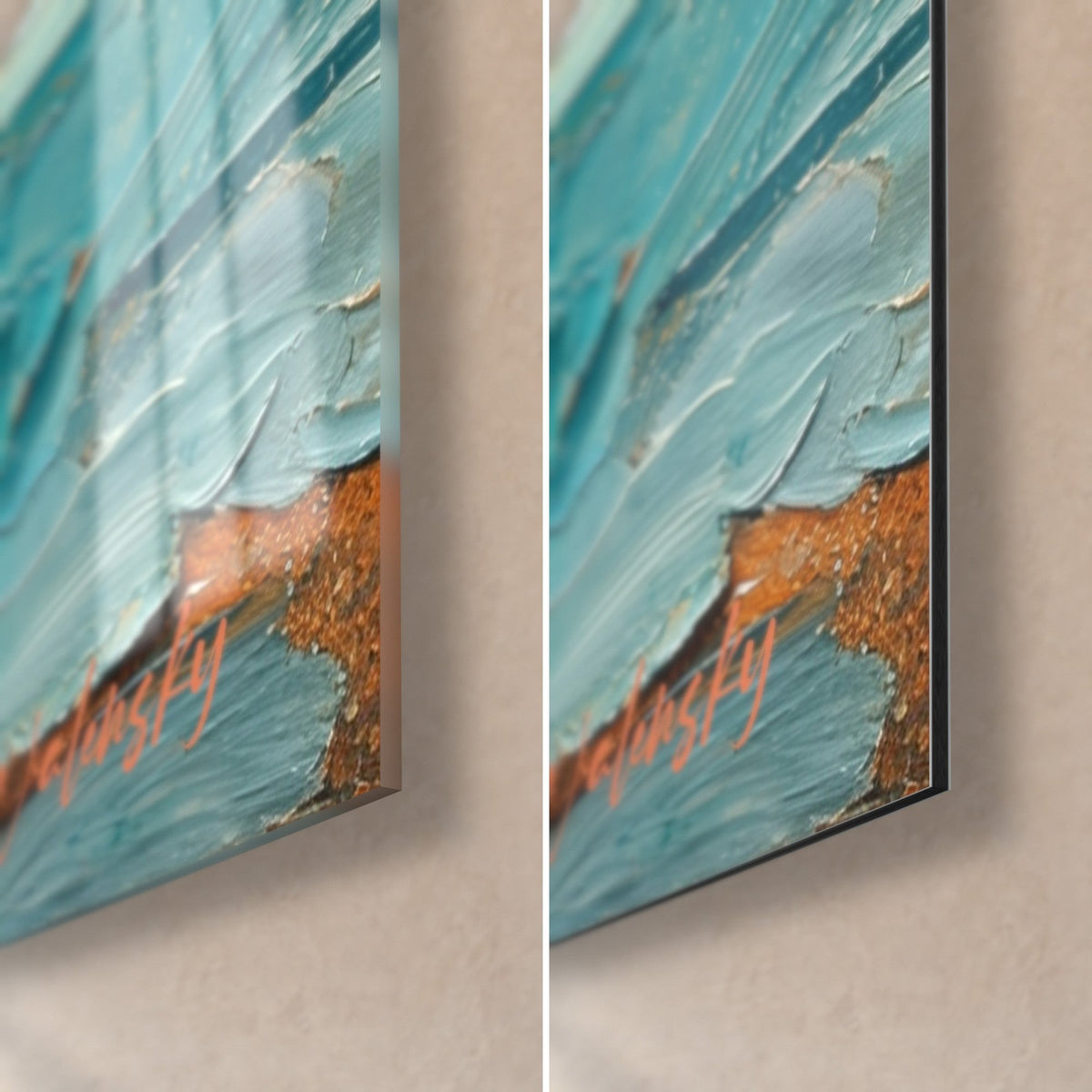 Tableau meule entamée orange et turquoise, coin bas droit : verre acrylique brillant à gauche, alu Dibond mat à droite, tranche de 3 mm