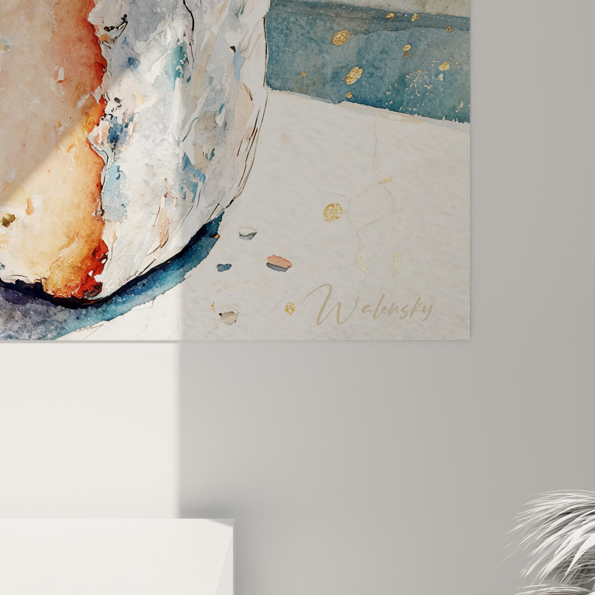Détail de la croûte crémeuse et des veines bleu marine sur la pâte saumon du fromage peint