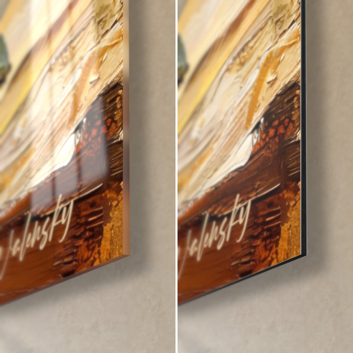 Tableau fromage à pâte blanche, coin bas droit en verre acrylique brillant et en alu Dibond mat, ocre et brun, tranche de 3 mm visible