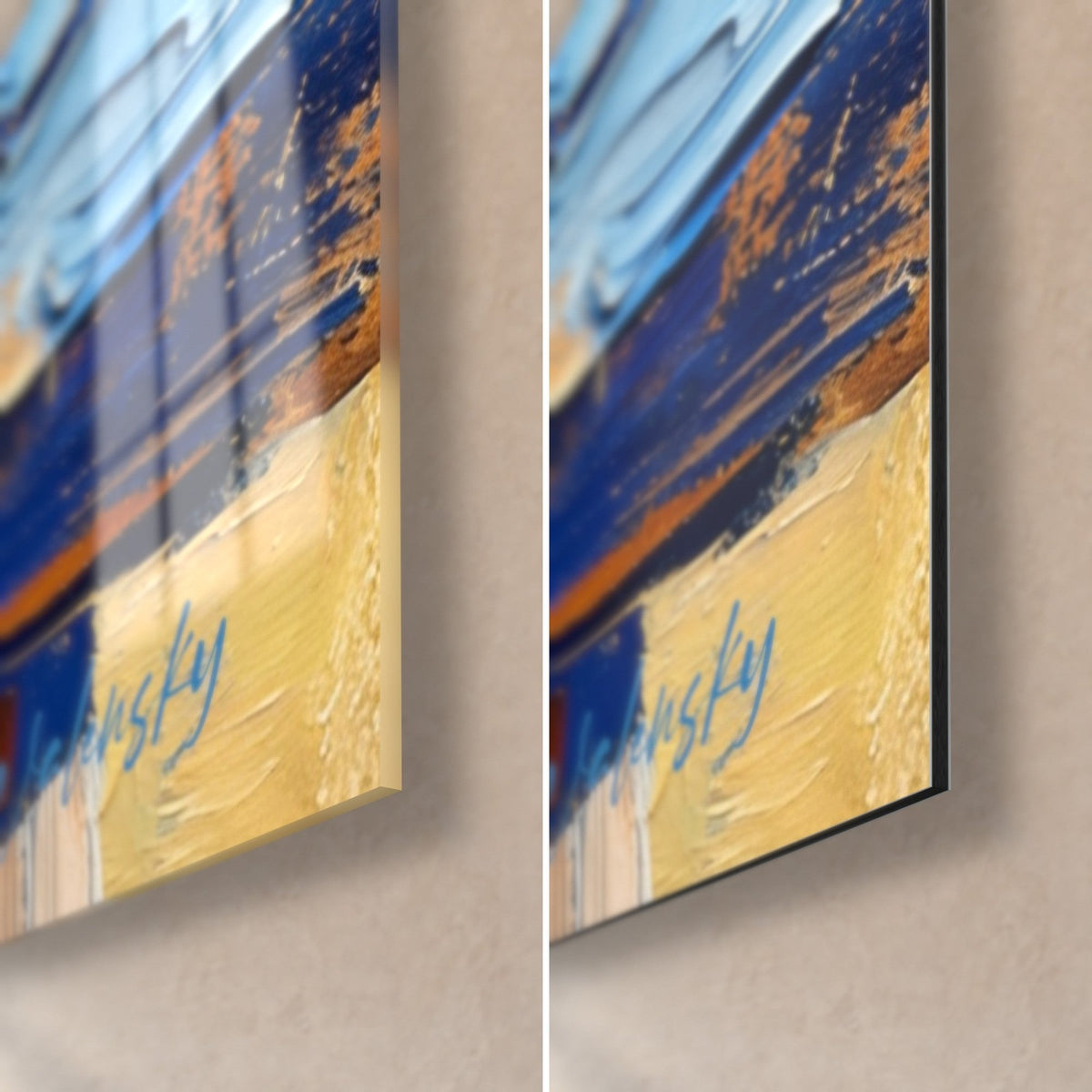 Tableau meule de fromage, coin bas droit : signature bleue sur jaune beurre, verre brillant à gauche, Dibond mat à droite, tranche fine