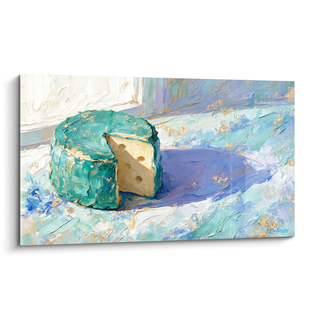 Meule de fromage turquoise entamée avec chair jaune crème, style pictural aux touches dorées