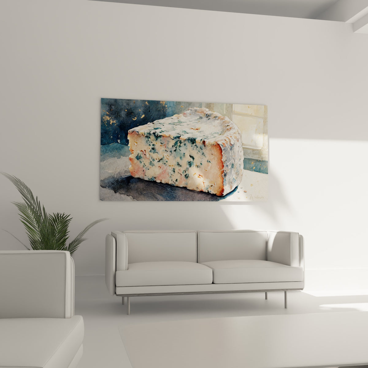 Pièce de fromage veiné anthracite et doré, suspendue au-dessus d'un canapé dans un salon lumineux
