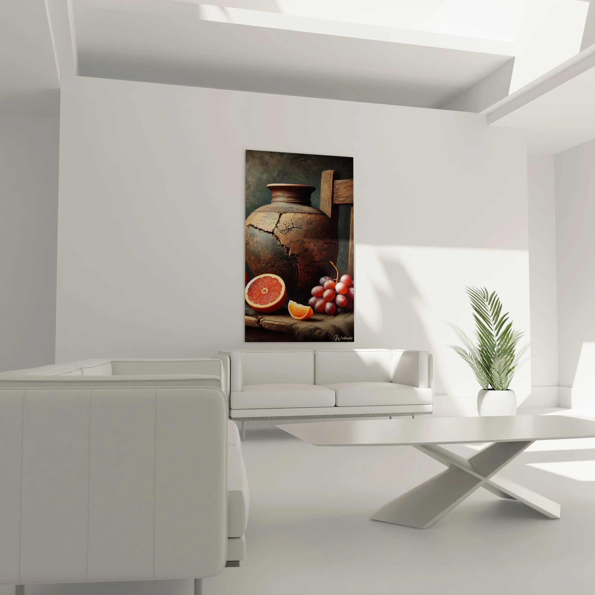 Un tableau nature morte abstrait illustrant un vase usé au centre, des agrumes éclatants et des raisins, avec des textures visibles et des teintes dominantes de marron, rouge et violet.