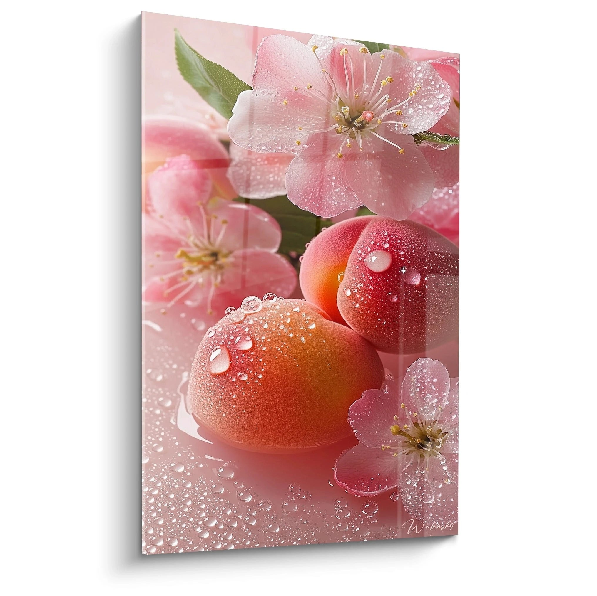 Un tableau fruit illustrant des pêches et des fleurs roses ornées de gouttelettes d’eau. Les teintes dominantes sont le rose, l’orange et le blanc, avec des textures lisses et des reflets lumineux.