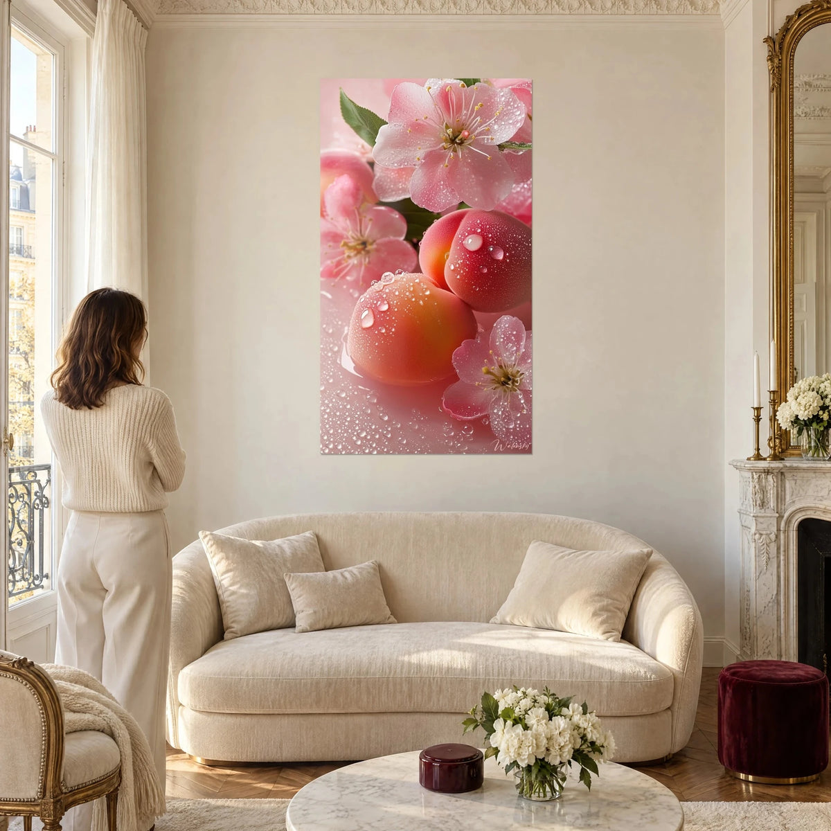 Tableau pêches veloutées gouttelettes de rosée, rose poudré et corail, fleurs de cerisier, au-dessus d'un canapé dans un salon lumineux