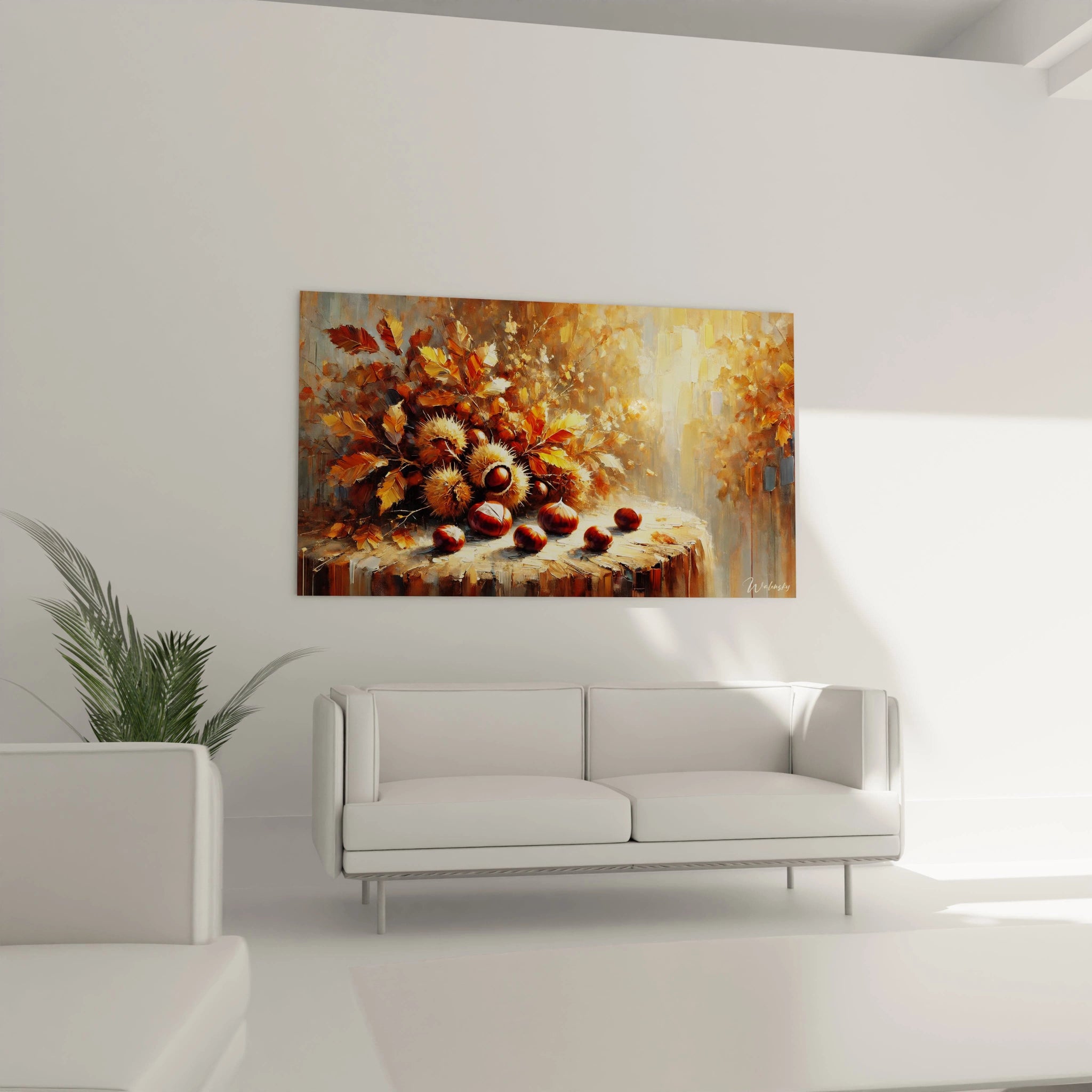 Tableau Automne dans un salon : suspendu au-dessus du canapé, ce tableau Automne enrichit le décor avec ses couleurs chaudes et réconfortantes. Il invite à la contemplation et apporte une ambiance naturelle.