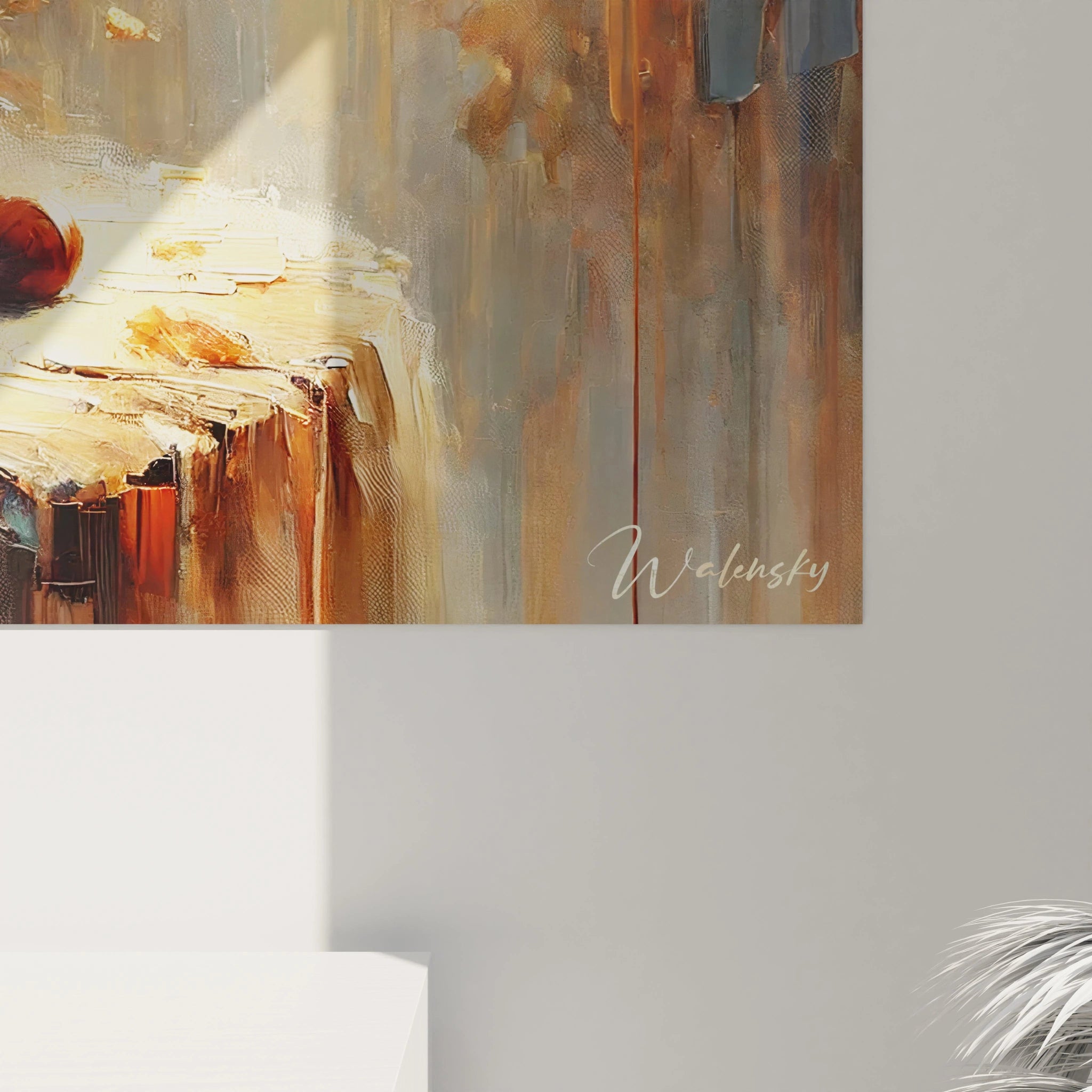 Vue de pres du tableau Automne : chaque feuille révèle un détail minutieux, des veines aux contours dorés. Les nuances vibrantes créent un effet de profondeur, capturant l’essence de la saison automnale.