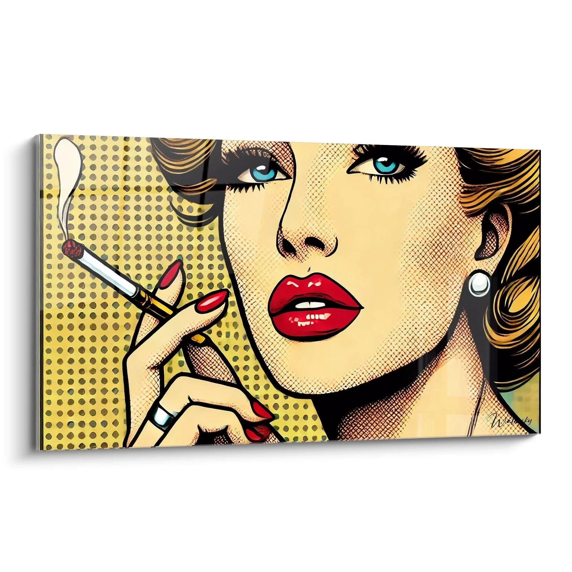Vue de biais du tableau pop art d'une femme sophistiquée à la cigarette, inspiré de Roy Lichtenstein. Points Ben-Day et couleurs vives accentuent le style rétro des années 1960.