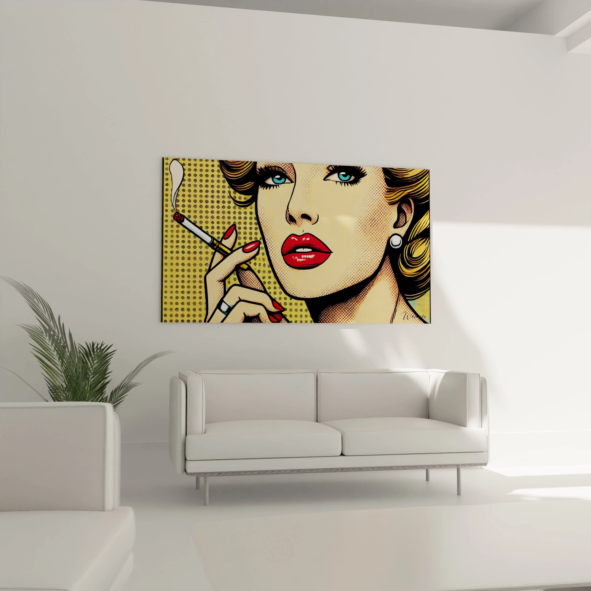 Tableau pop art accroché dans un salon, ajoutant une touche vintage au-dessus du canapé. Femme sophistiquée, points Ben-Day et couleurs contrastées rehaussent le design d'intérieur.